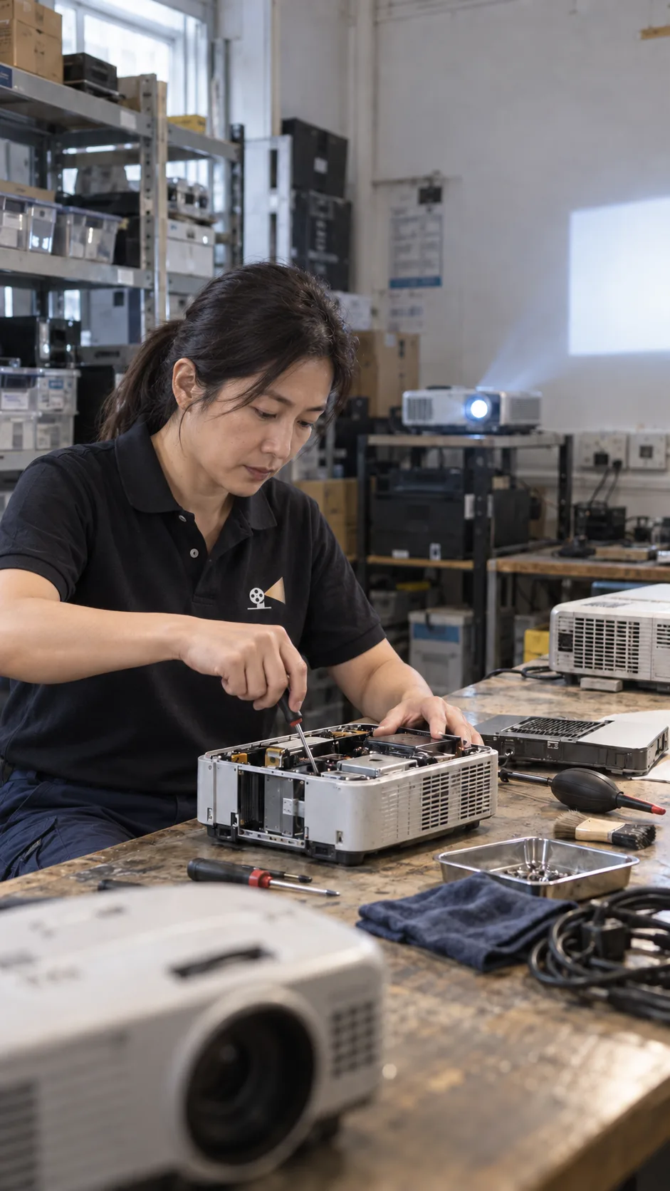 投影機服務示意:技師在工作枱拆開投影機進行維修