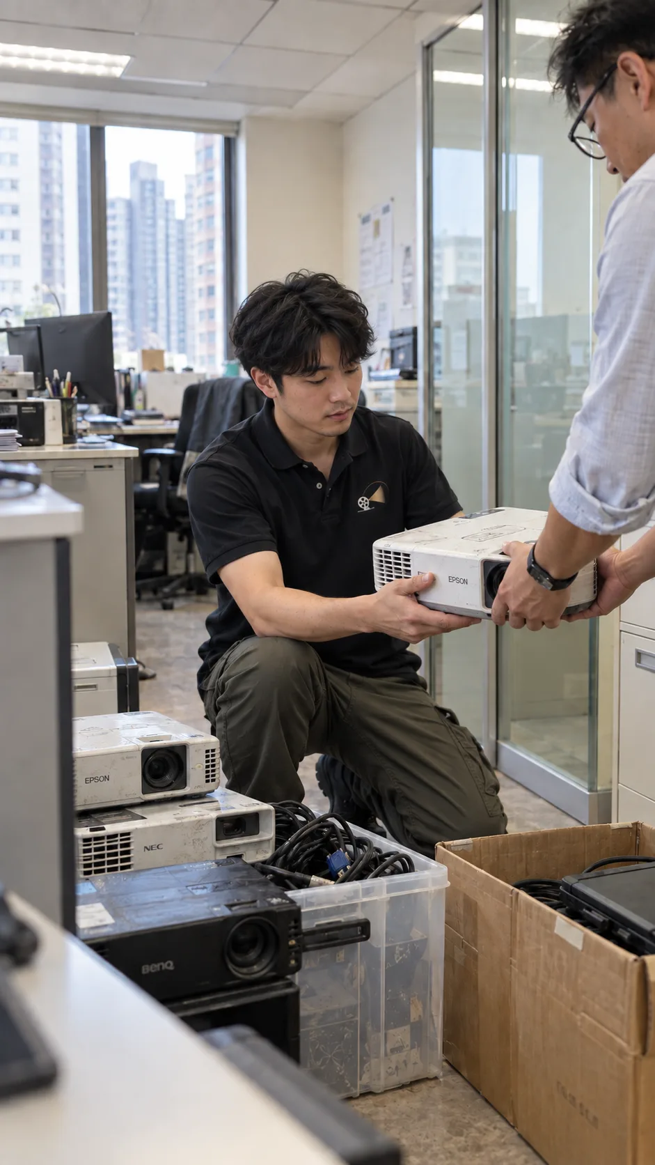 投影機服務示意:工作人員在辦公室現場收取退役投影機