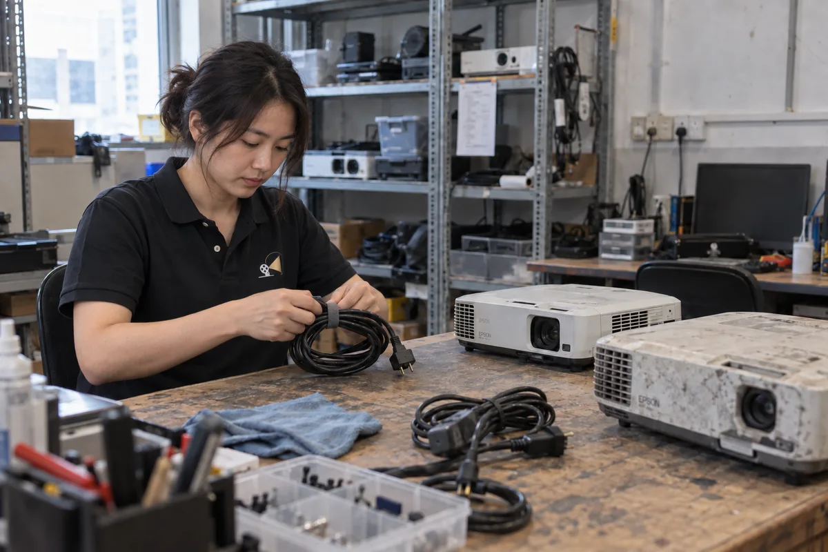 投影機服務示意:技師在工作枱整理投影機電源線