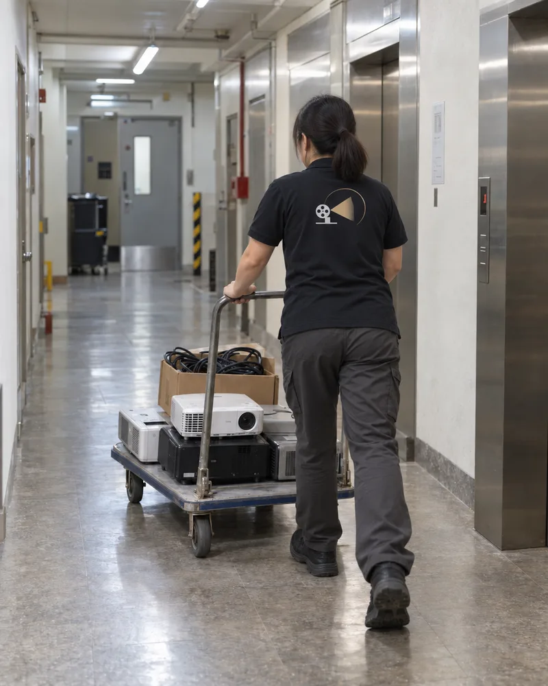 投影機搬運示意:以手推車運送設備經過走廊